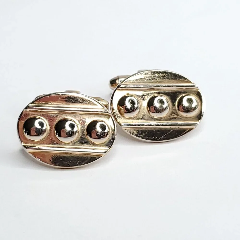 Vintage Pioneer Cufflinks Gold Tone Art Deco Geometric Oval Dots Stripes